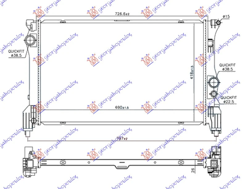 HLADNJAK MOTORA 2.2 (114/116/119 CDI/BLUETEC) (690x418x26) (NOSACI DOLE) (NRF)